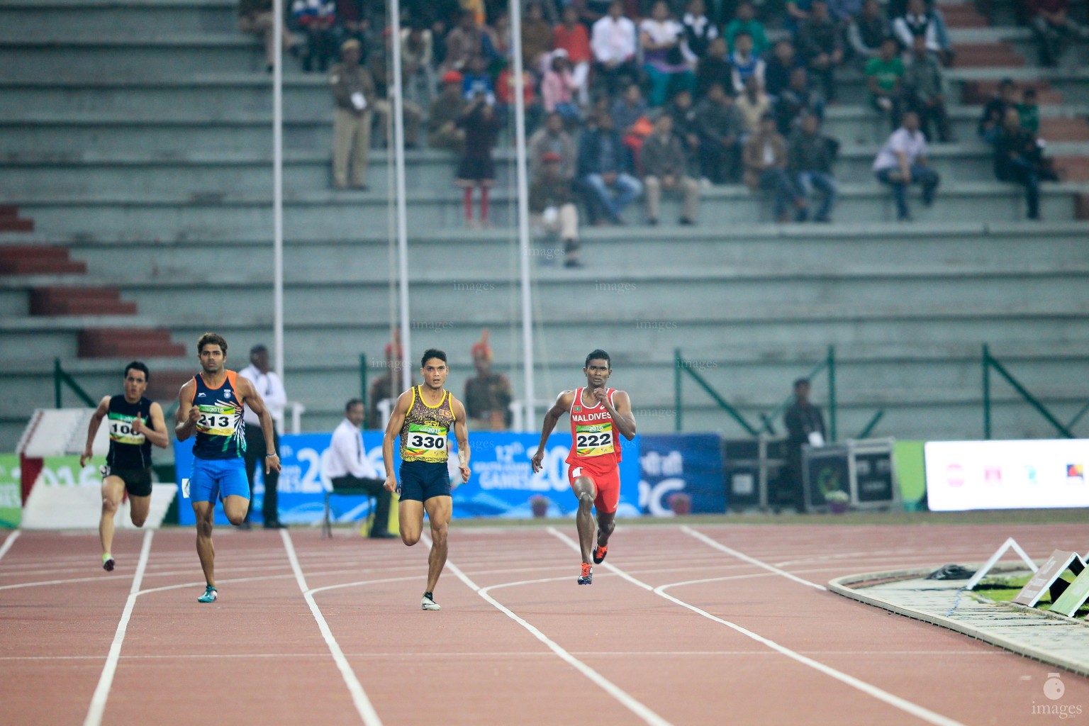 Hassan Saaid runs in the 200m heats in the South Asian Games in Guwahati, India, Thursday, February. 11, 2016. (Images.mv Photo/ Hussain Sinan).