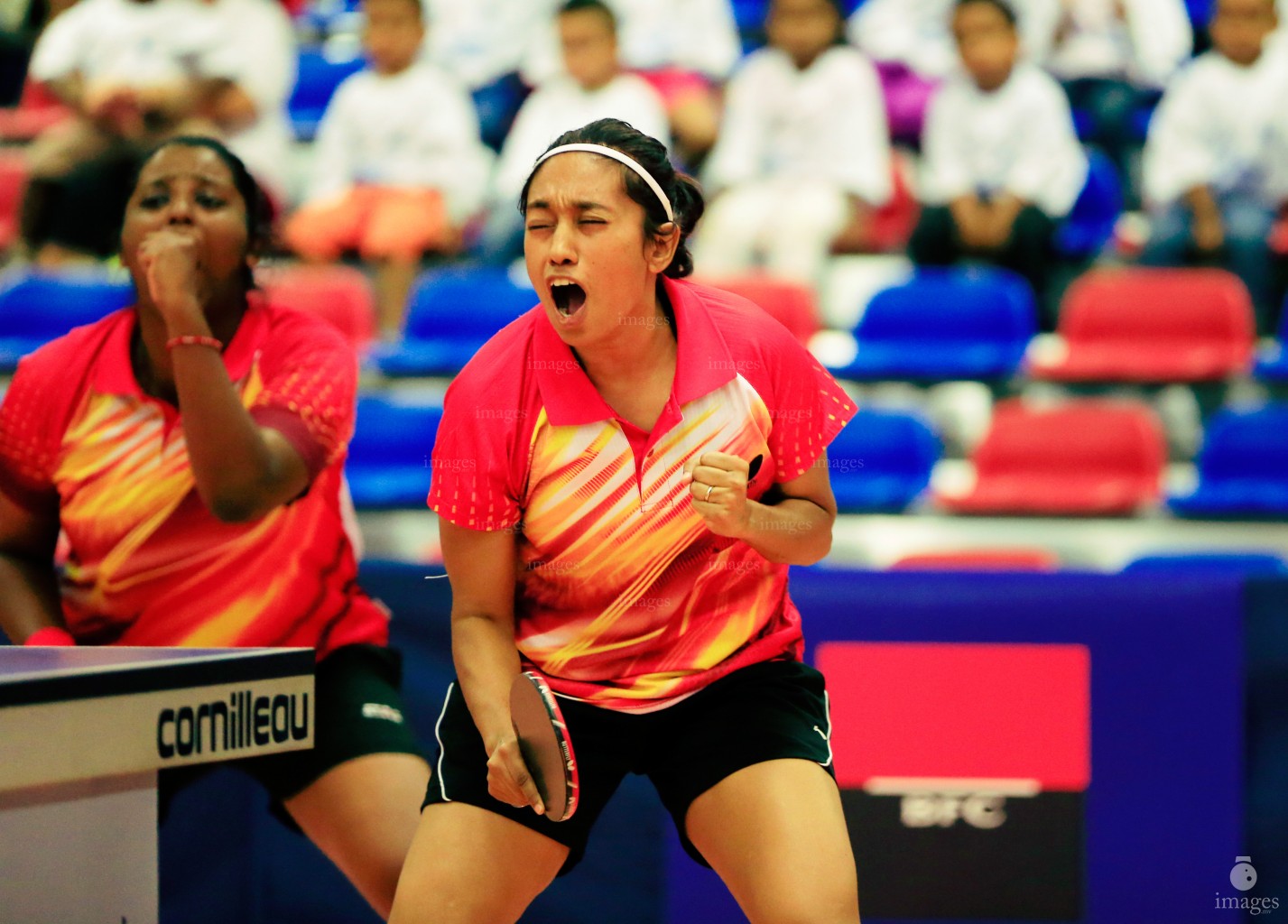 Mueena Mohamed celebrates after winning a point in Womens's doubles event  in Indian Ocean Island Games, La Reunion, Wednesday, August. 5, 2015.  (Images.mv Photo/ Hussain Sinan).