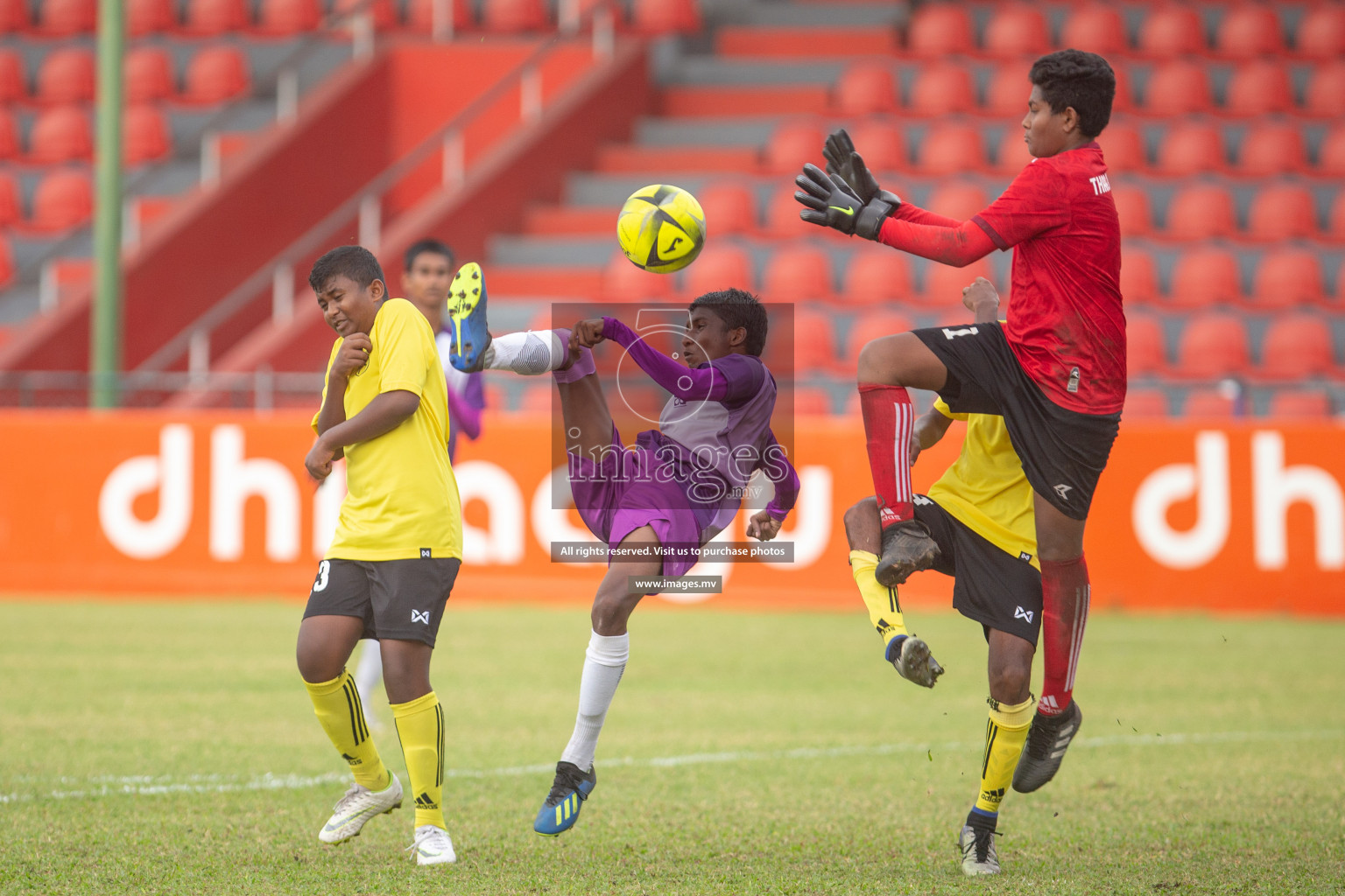 Hiriya School vs Thaajudheen School in Mamen Inter-School Football Tournament 2019 (U15) on 14th March 2019, in Male' Maldives (Images.mv Photo: Ismail Thoriq)