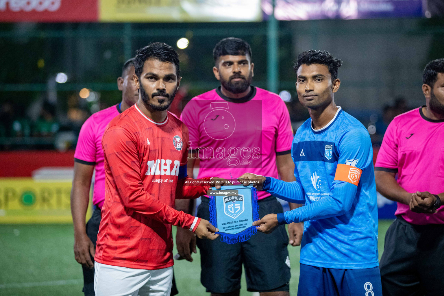 Sh. Milandhoo vs Sh. Maroshi in Day 2 of Golden Futsal Challenge 2023 on 06 February 2023 in Hulhumale, Male, Maldives