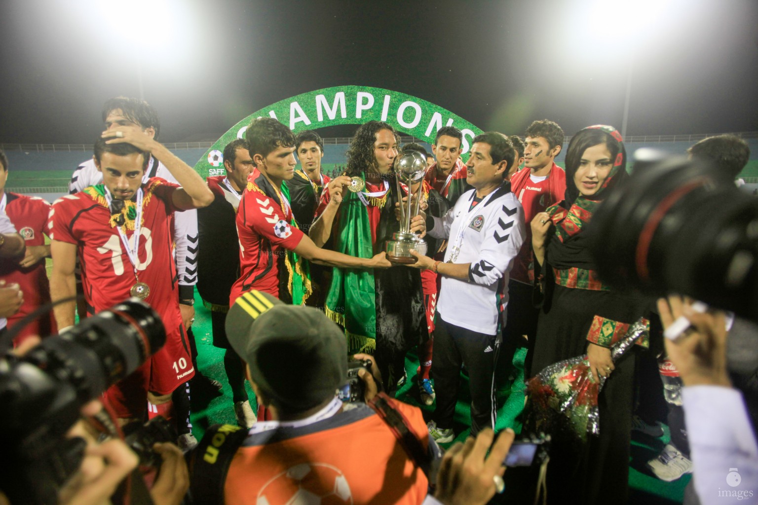 Afghanistan players celebrate after winning the SAFF Championship 2013, Kathmandu, Nepal, Satuday, November. 11, 2015.  (Images.mv Photo/ Hussain Sinan).
