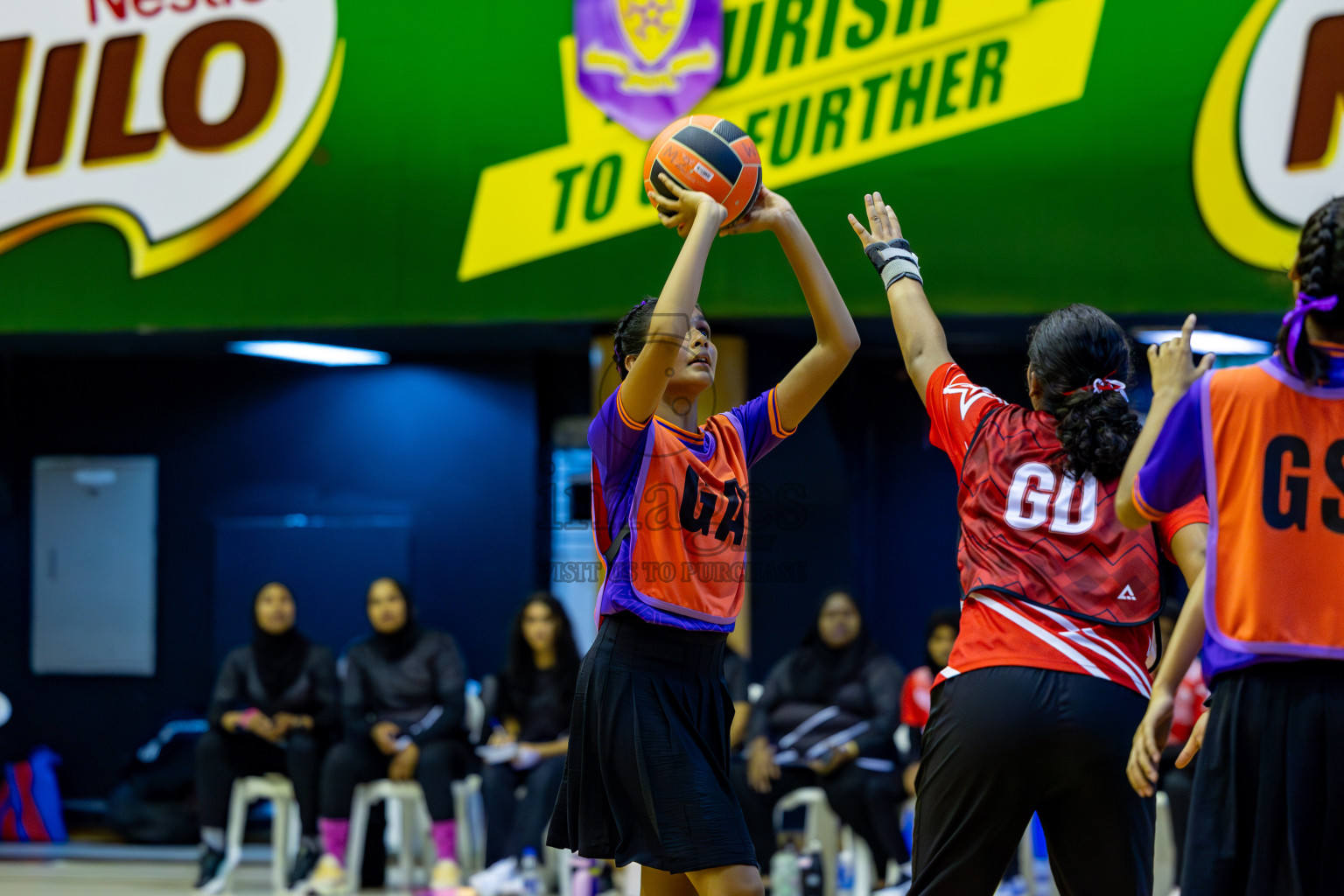 Iskandhar School vs Ghiyasuddin International School in the U15 Finals of Inter-school Netball Tournament held in Social Center at Male', Maldives on Monday, 26th August 2024. Photos: Hassan Simah / images.mv