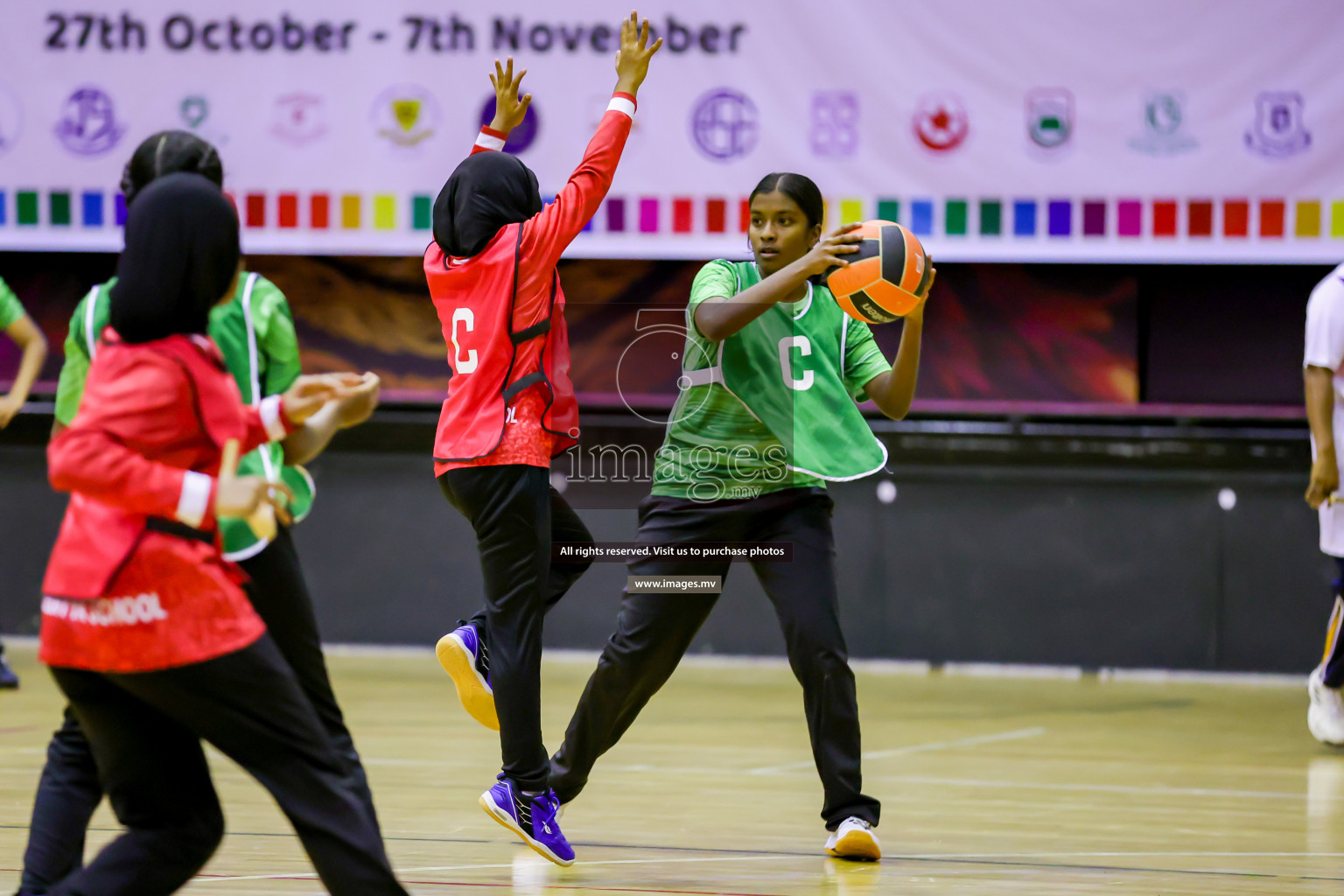 Day 9 of 24th Interschool Netball Tournament 2023 was held in Social Center, Male', Maldives on 4th November 2023. Photos: Hassan Simah / images.mv