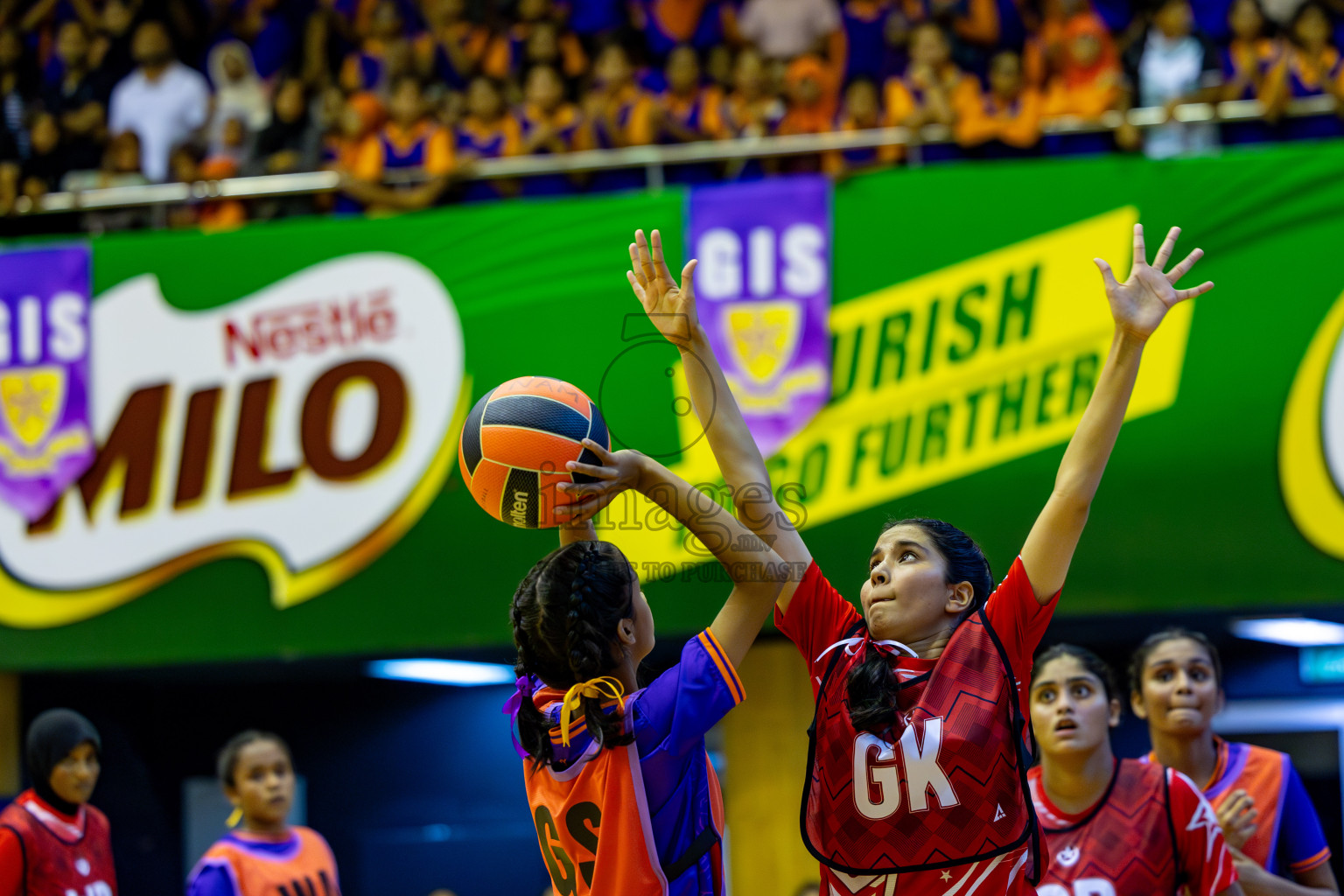 Iskandhar School vs Ghiyasuddin International School in the U15 Finals of Inter-school Netball Tournament held in Social Center at Male', Maldives on Monday, 26th August 2024. Photos: Hassan Simah / images.mv