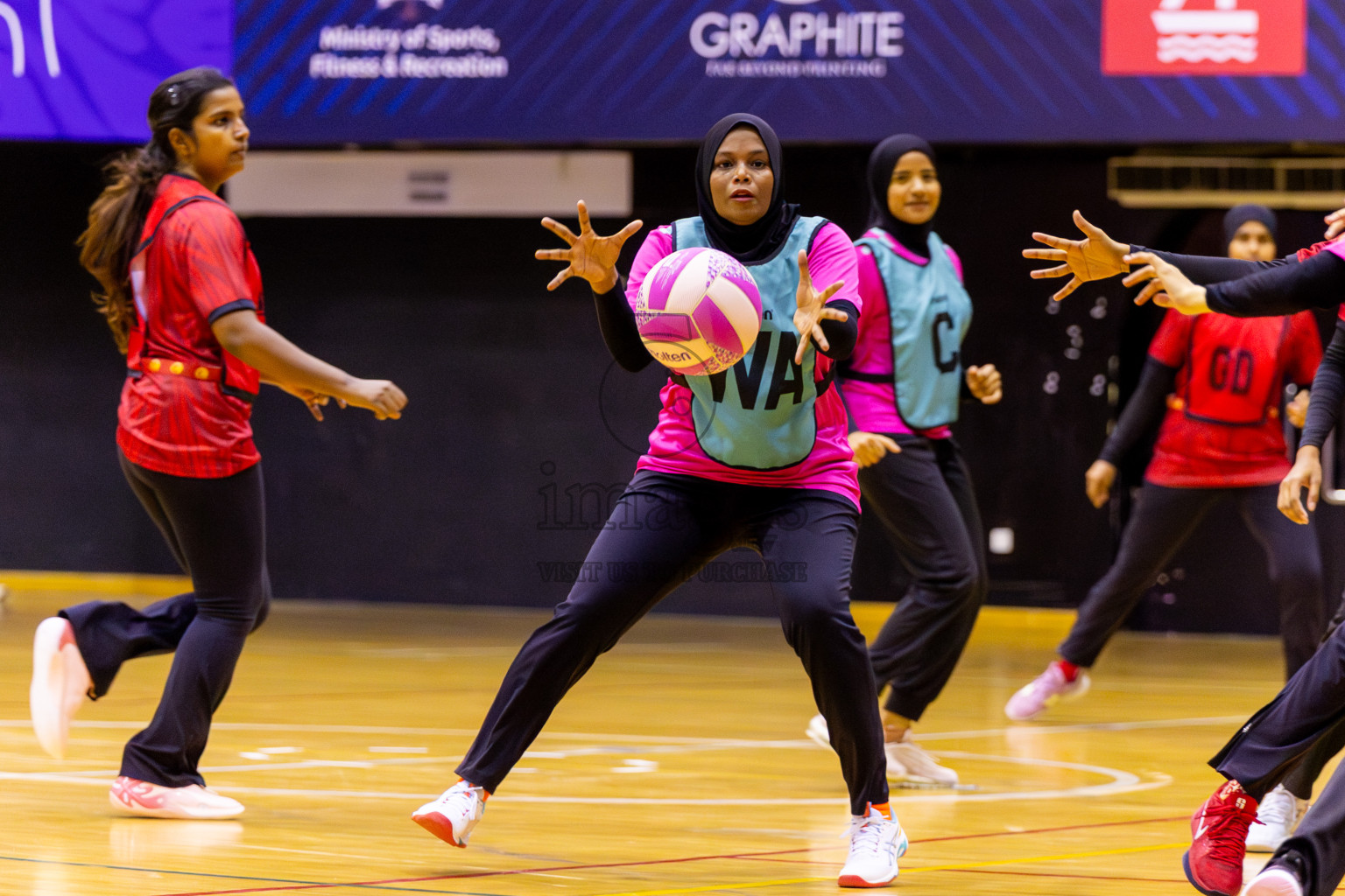 C Matrix vs MV Netters in Day 1 of 24th Milo Netball Association Championship held in Social Center at Male', Maldives on Monday, 1st September 2025. Photos: Nausham Waheed / images.mv