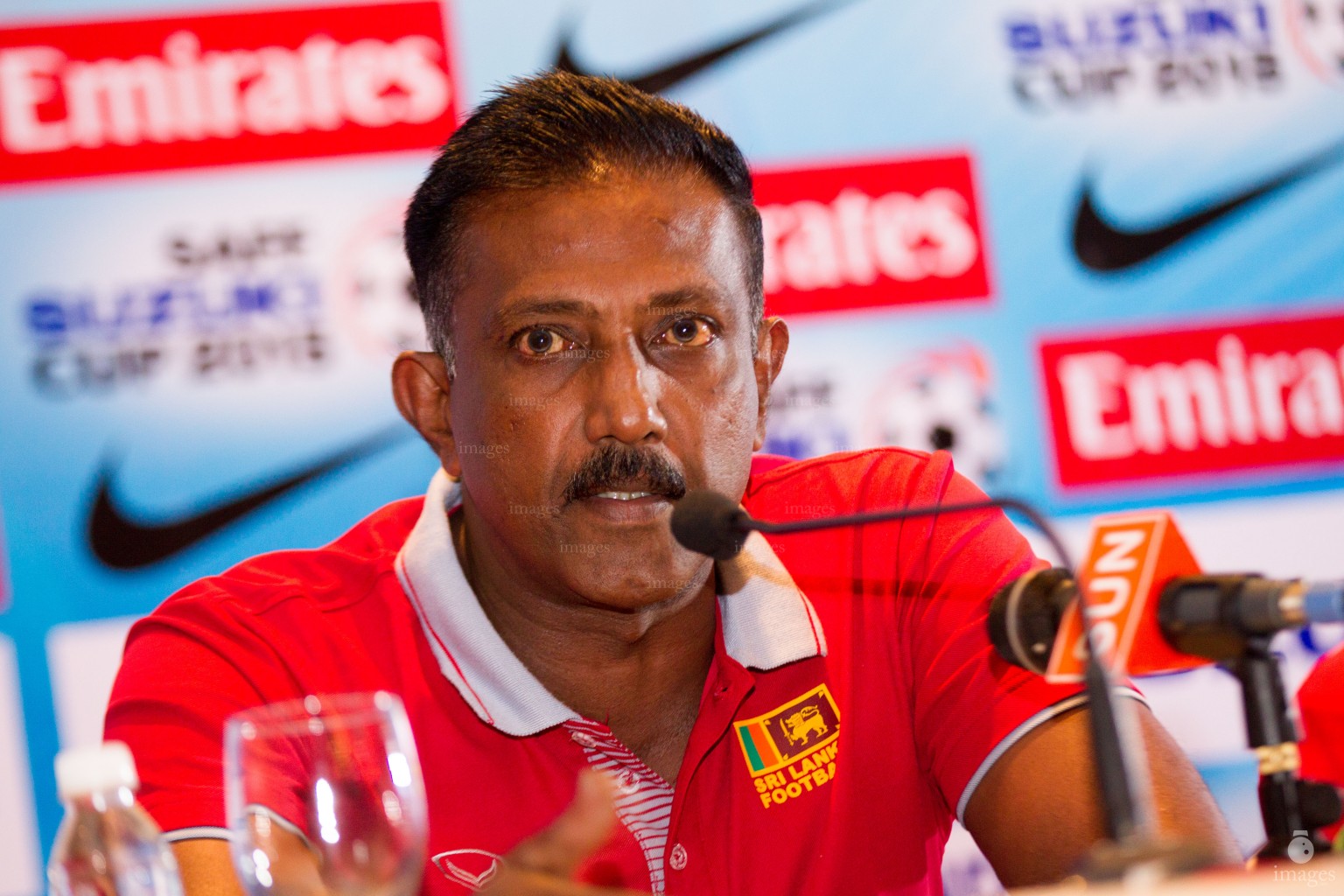 Sri Lankan coach speaks to the media ahead of the semifinals in Thiruvananthapuram, India, Wednesday, December. 30, 2015.  (Images.mv Photo/ Mohamed Ahsan).