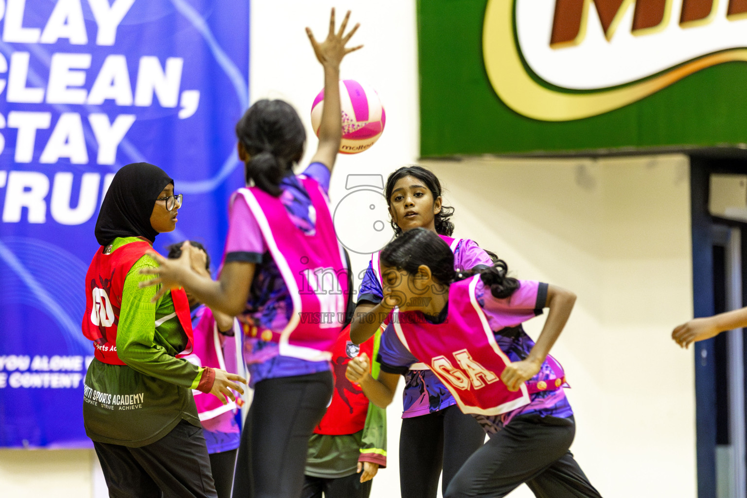 N Sports Academy vs FIONTI Sports Academy in Day 5 of 3rd Netball Junior Championship, held at Social Center on Thursday 23rd January 2025 . Photos: Shuu Abdul Sattar / images.mv