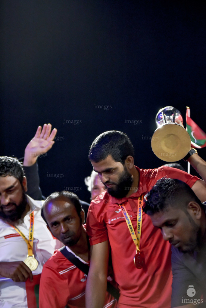 Maldivian players and officials celebrate after winning the SAFF Championship in Male', Maldives, Tuesday 18 September 2018 (Images.mv Photo/ Ahmed Shurau)