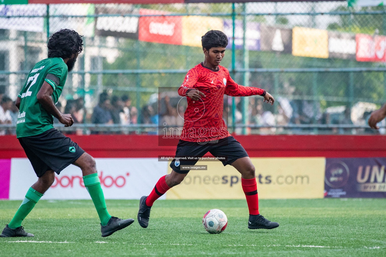 M. Maduvvari vs M. Kolhufushi in Day 6 of Golden Futsal Challenge 2023 on 10 February 2023 in Hulhumale, Male, Maldives