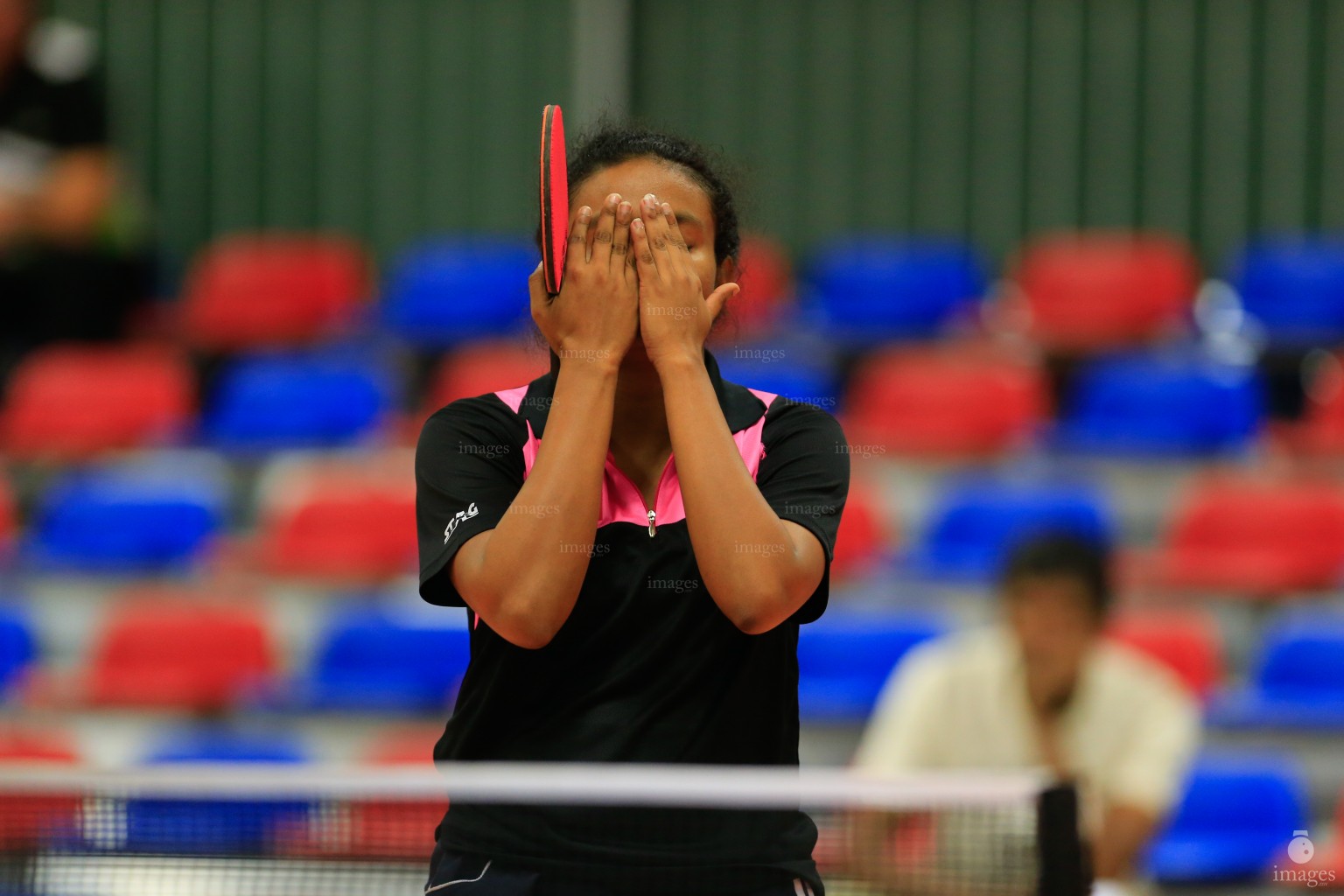 Maldives Table Tennis player, Fathimath Jumana Nimal reacts after losing a point in Indian Ocean Island Games, La Reunion, Monday, August. 3, 2015.  (Images.mv Photo/ Hussain Sinan).