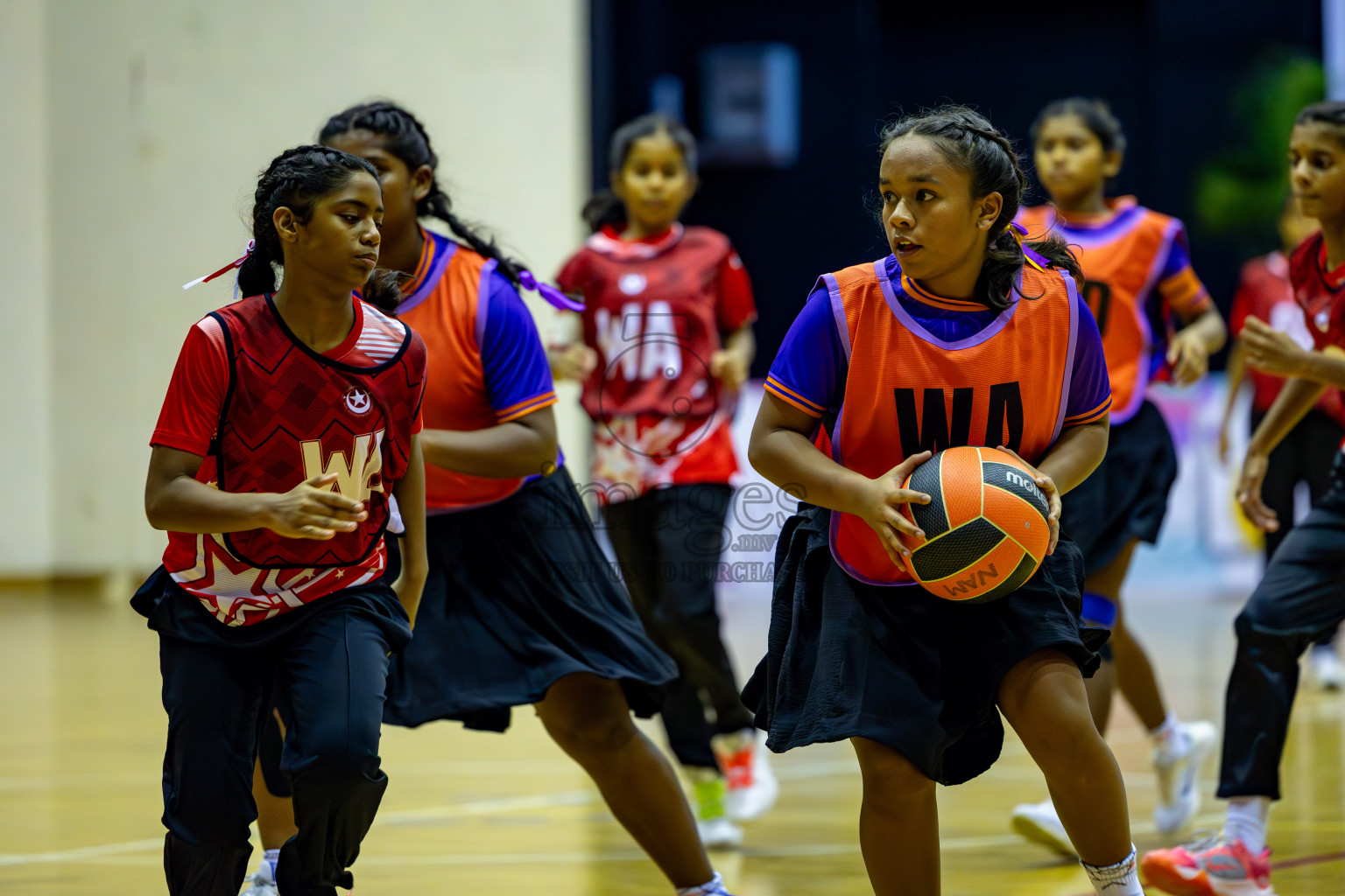 Iskandhar School vs Ghiyasuddin International School in the U15 Finals of Inter-school Netball Tournament held in Social Center at Male', Maldives on Monday, 26th August 2024. Photos: Hassan Simah / images.mv