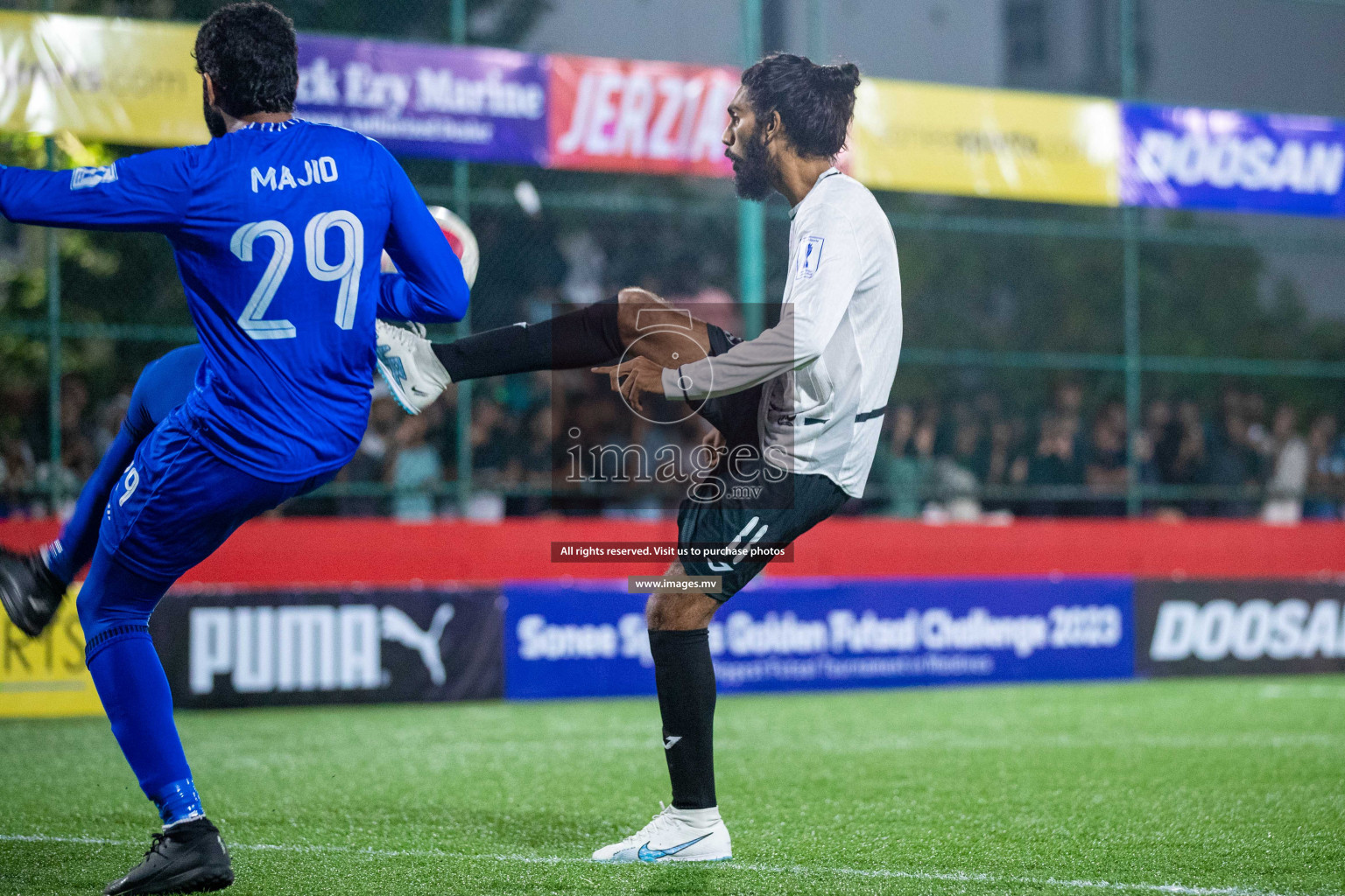 R. Meedhoo vs R. Inguraidhoo in Day 7 of Golden Futsal Challenge 2023 on 11 February 2023 in Hulhumale, Male, Maldives