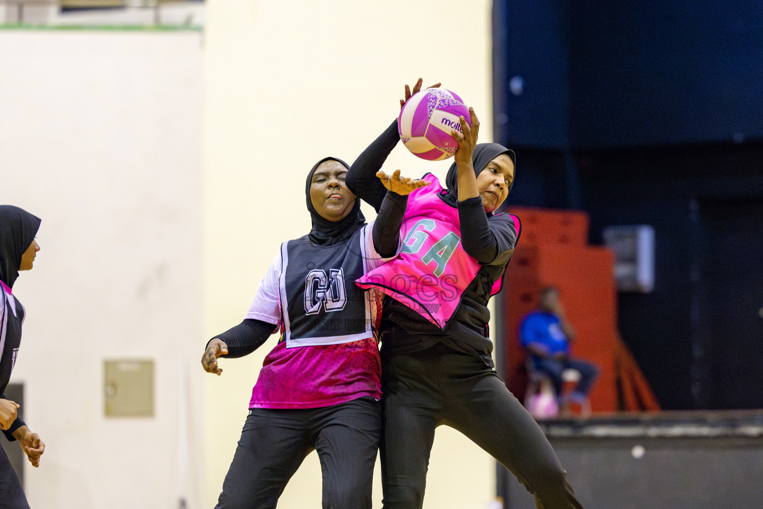 United Unity Sports Club vs N Sports Academy in Division 2 of National Netball Tournament 2025 held in Social Center at Male', Maldives on Sunday, 25th May 2025. Photos: Hassan Simah / images.mv
