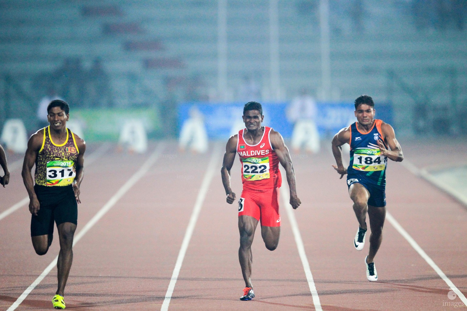 Hassan Said runs in the 100m finals in the South Asian Games in Guwahati, India, Tuesday, February. 09, 2016. Said won the silver medal in the event(Images.mv Photo/ Hussain Sinan).