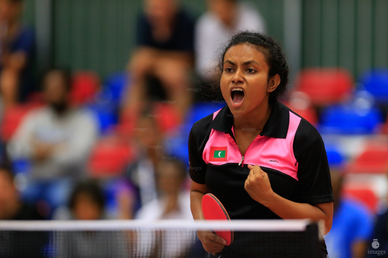 Maldives Table Tennis player, Fathimath Jumana Nimal reacts after winning a point in Indian Ocean Island Games, La Reunion, Monday, August. 3, 2015.  (Images.mv Photo/ Hussain Sinan).