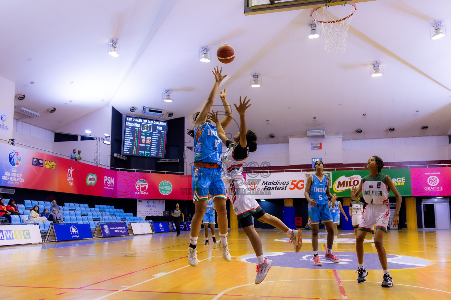 Bangladesh vs India in Day 2 of Under 16 Woman's Asian Cup SABA Qualifiers 2025 was held in Social Center, Male', Maldives on Friday, 13th June 2025. Photos: Nausham Waheed / images.mv
