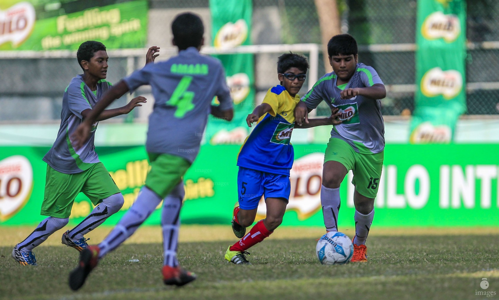 Billabong High  vs Ahmadhiyya School in Milo Interschool Football Tournament Under 14 category Thursday, March 17, 2016. (Images.mv Photo: Mohamed Ahsan)