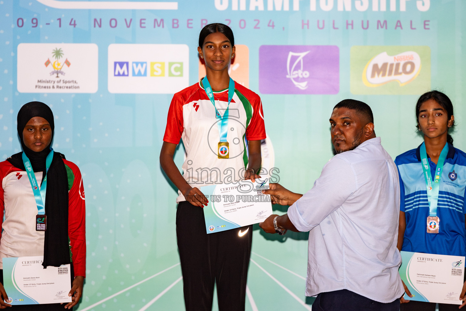 Day 2 of MWSC Interschool Athletics Championships 2024 held in Hulhumale Running Track, Hulhumale, Maldives on Sunday, 10th November 2024. 
Photos by: Hassan Simah / Images.mv