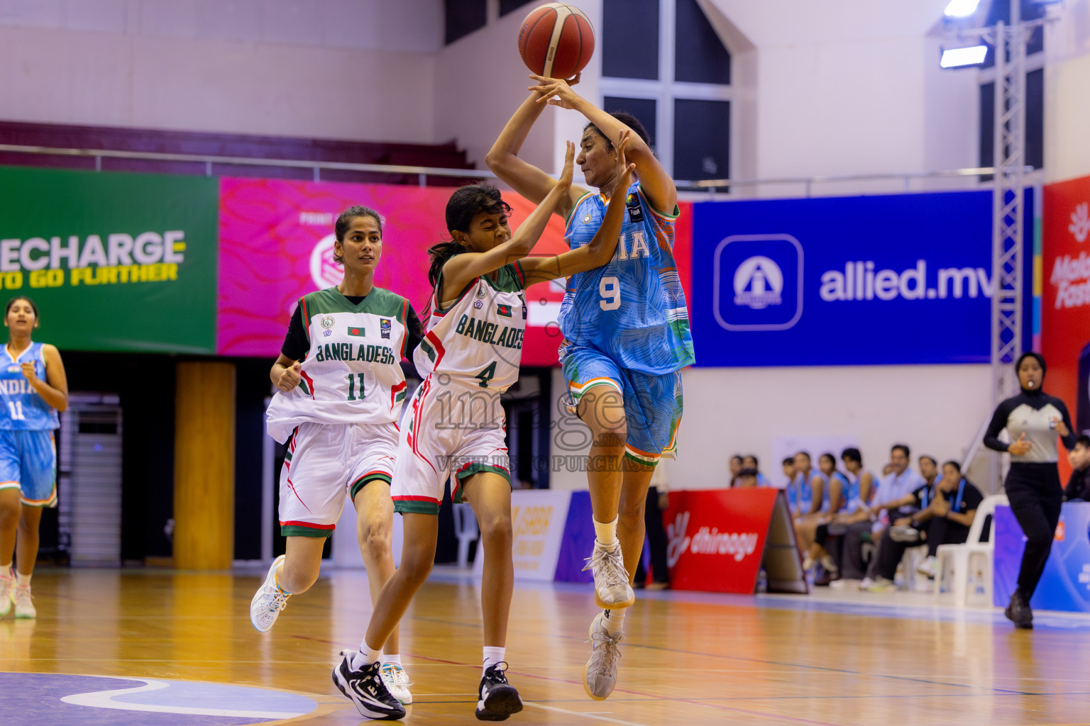 Bangladesh vs India in Day 2 of Under 16 Woman's Asian Cup SABA Qualifiers 2025 was held in Social Center, Male', Maldives on Friday, 13th June 2025. Photos: Nausham Waheed / images.mv