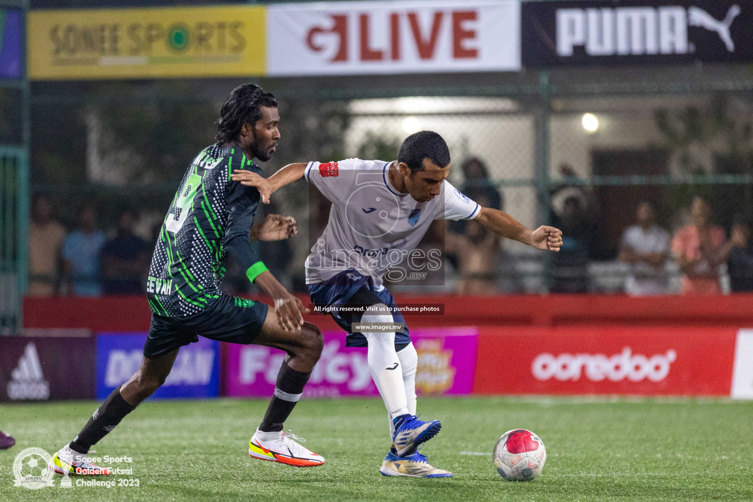 Sh. Feevah vs Sh. Lhaimagu in Day 4 of Golden Futsal Challenge 2023 on 08 February 2023 in Hulhumale, Male, Maldives