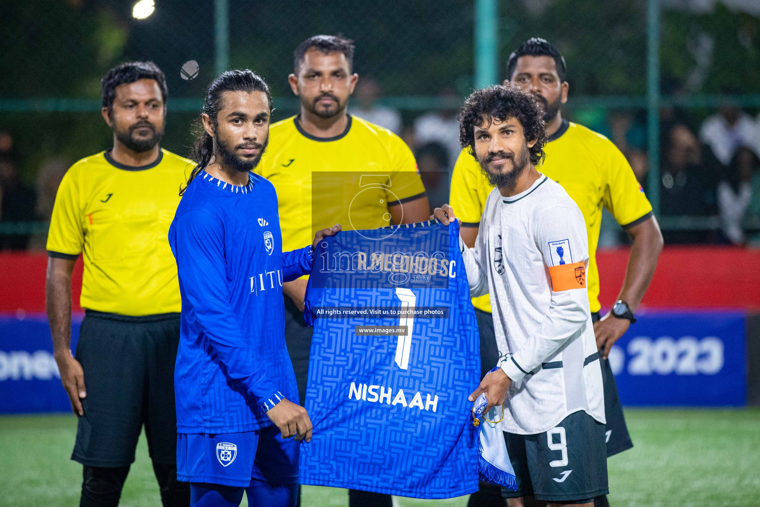 R. Meedhoo vs R. Inguraidhoo in Day 7 of Golden Futsal Challenge 2023 on 11 February 2023 in Hulhumale, Male, Maldives