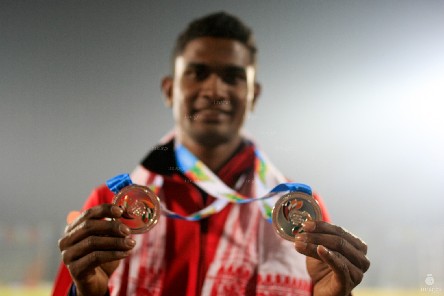 Hassan Said of Maldives wins the Silver medal in the 100m finals in the South Asian Games in Guwahati, India, Thursday, February. 11, 2016. (Images.mv Photo/ Hussain Sinan).