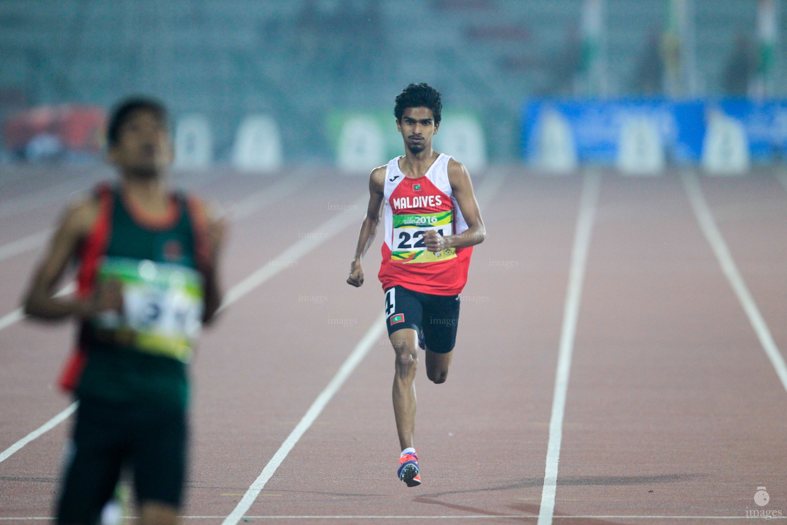 Ali Sham of Maldives runs in the 400m heat in the South Asian Games in Guwahati, India, Tuesday, February. 09, 2016. (Images.mv Photo/ Hussain Sinan).