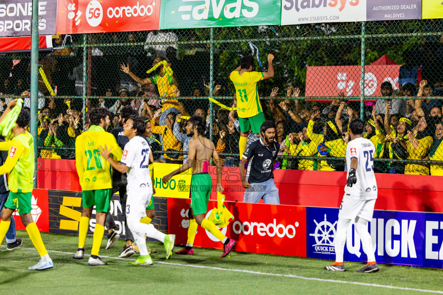 Gdh Vaadhoo vs GA Dhevvadhoo in zone round on Day 32 of Golden Futsal Challenge 2025 was held on Wednesday , 5th February 2025, in Hulhumale', Maldives. Photos: Nausham Waheed / images.mv