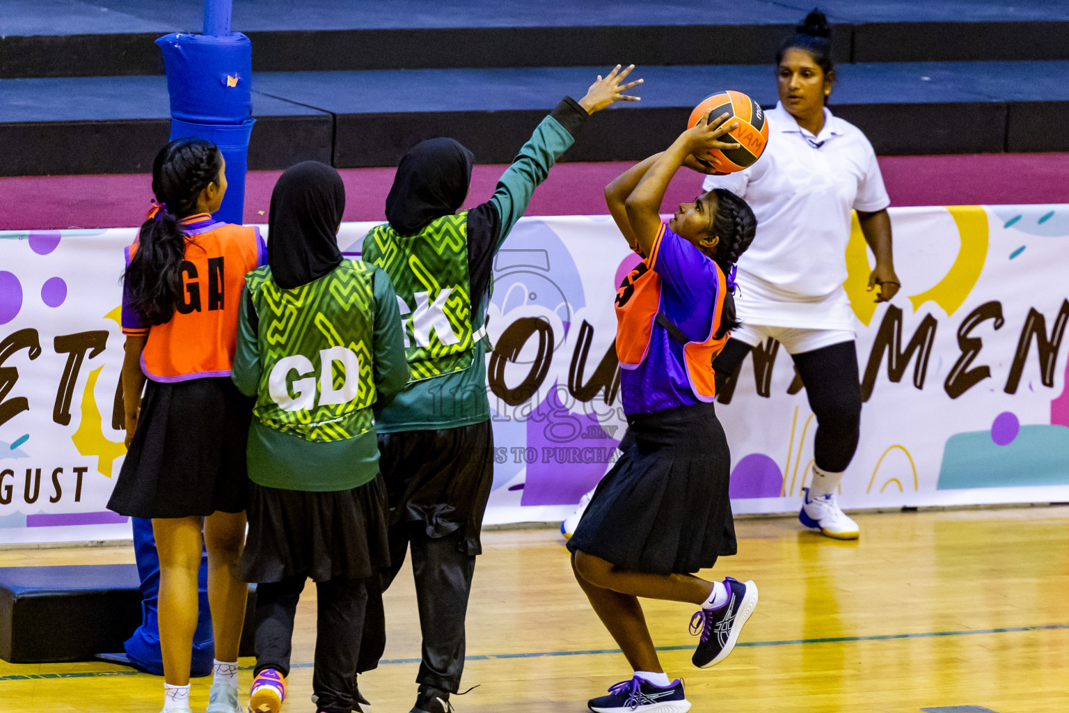 Day 4 of 25th Inter-School Netball Tournament was held in Social Center at Male', Maldives on Monday, 12th August 2024. Photos: Nausham Waheed / images.mv