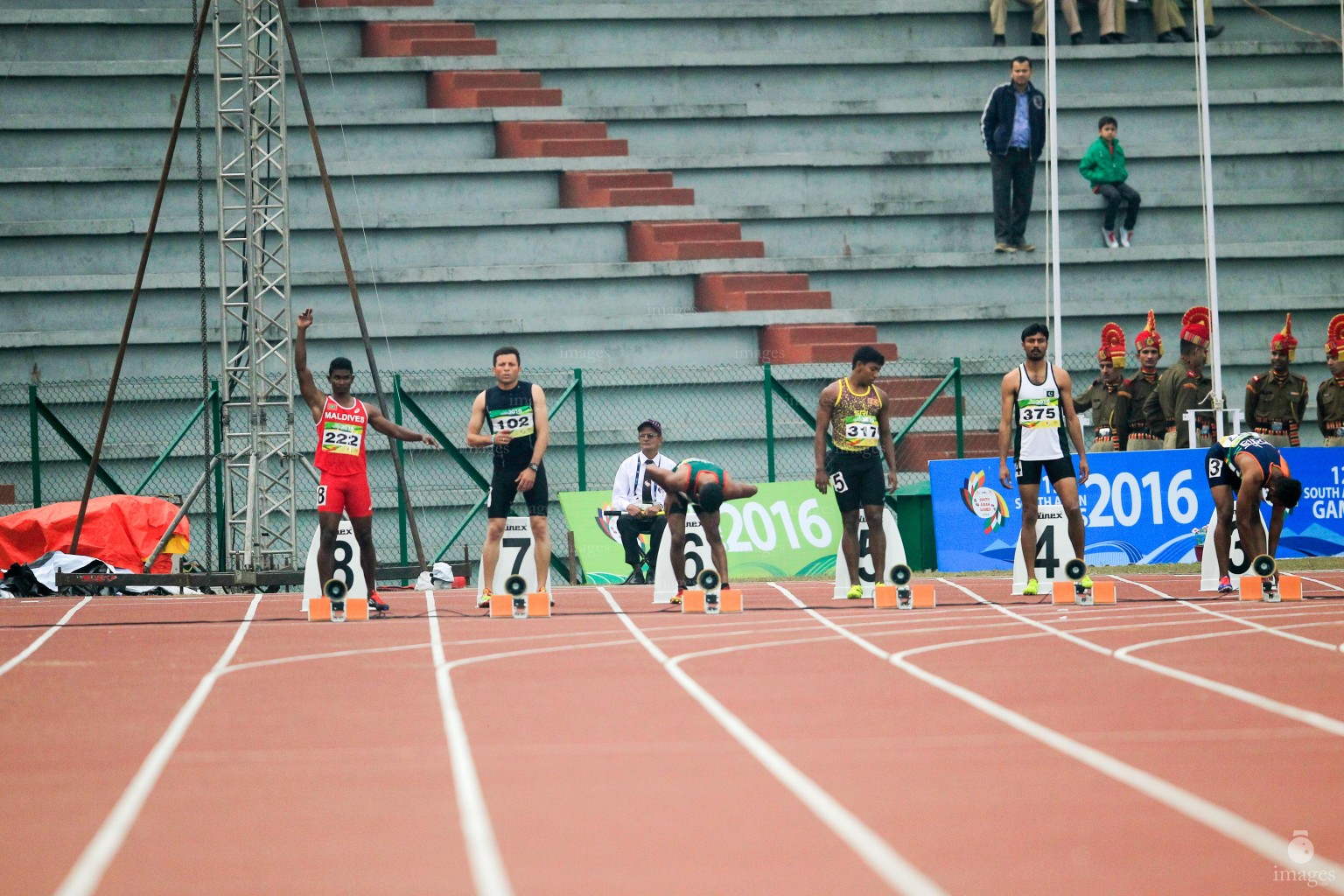 Hassan Said runs in the 100m heats in the South Asian Games in Guwahati, India, Tuesday, February. 09, 2016. (Images.mv Photo/ Hussain Sinan).