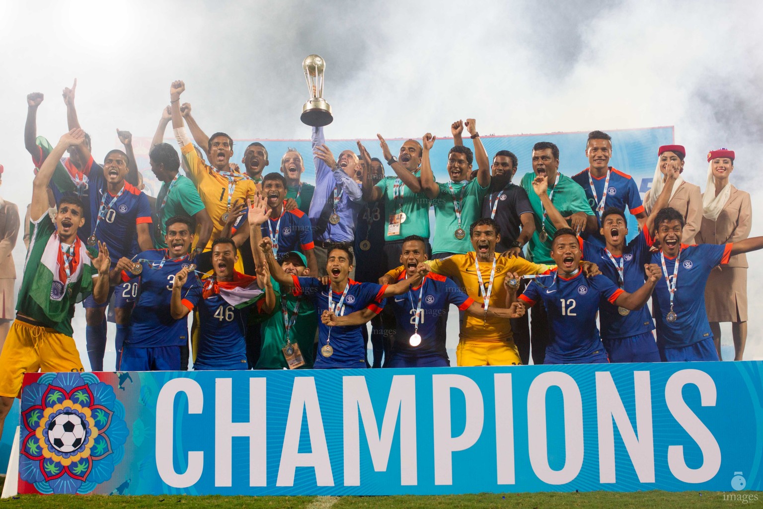 Indian team lift the SAFF Suzuki Cup 2015 trophy after defeating Afghanistan by 2 - 1 in the finals in Trivandrum International Stadium in Thiruvananthapuram, India, Sunday, January. 03, 2015.  (Images.mv Photo/ Mohamed Ahsan).