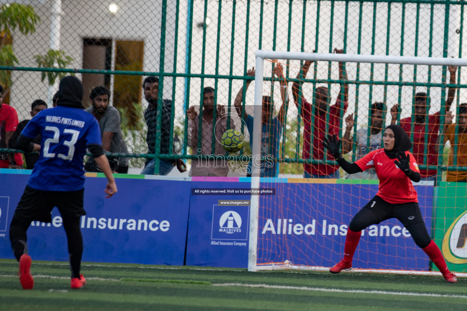 Maldives Ports Limited vs Dhivehi Sifainge Club in the semi finals of 18/30 Women's Futsal Fiesta 2019 on 27th April 2019, held in Hulhumale Photos: Hassan Simah / images.mv