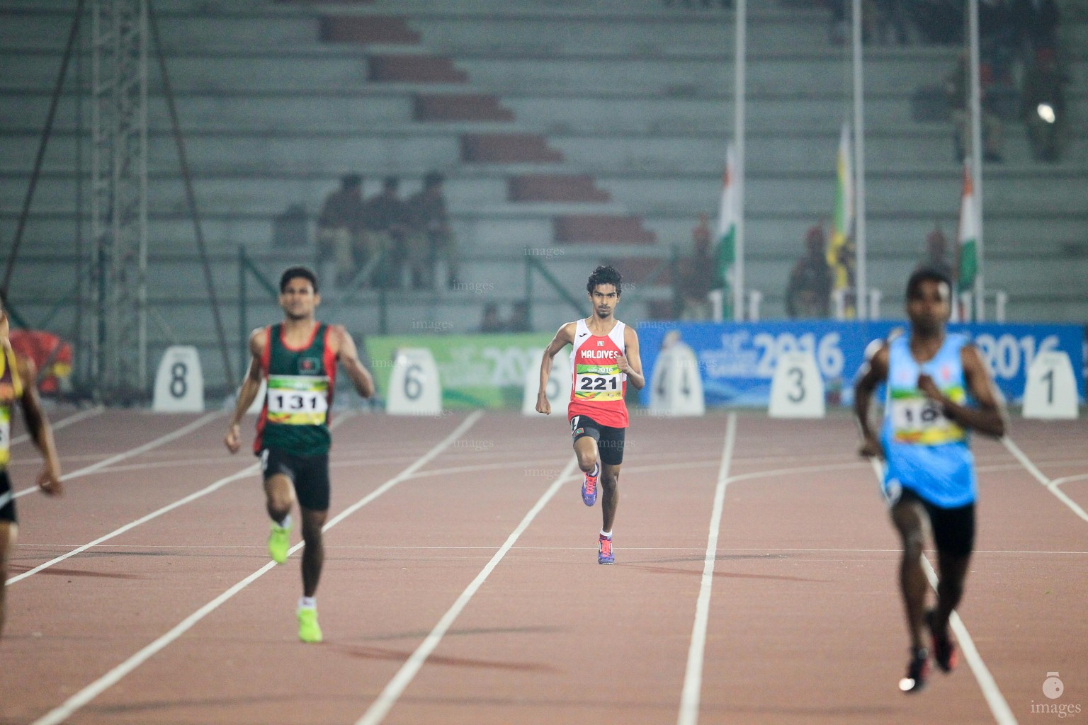 Ali Sham of Maldives runs in the 400m heat in the South Asian Games in Guwahati, India, Tuesday, February. 09, 2016. (Images.mv Photo/ Hussain Sinan).