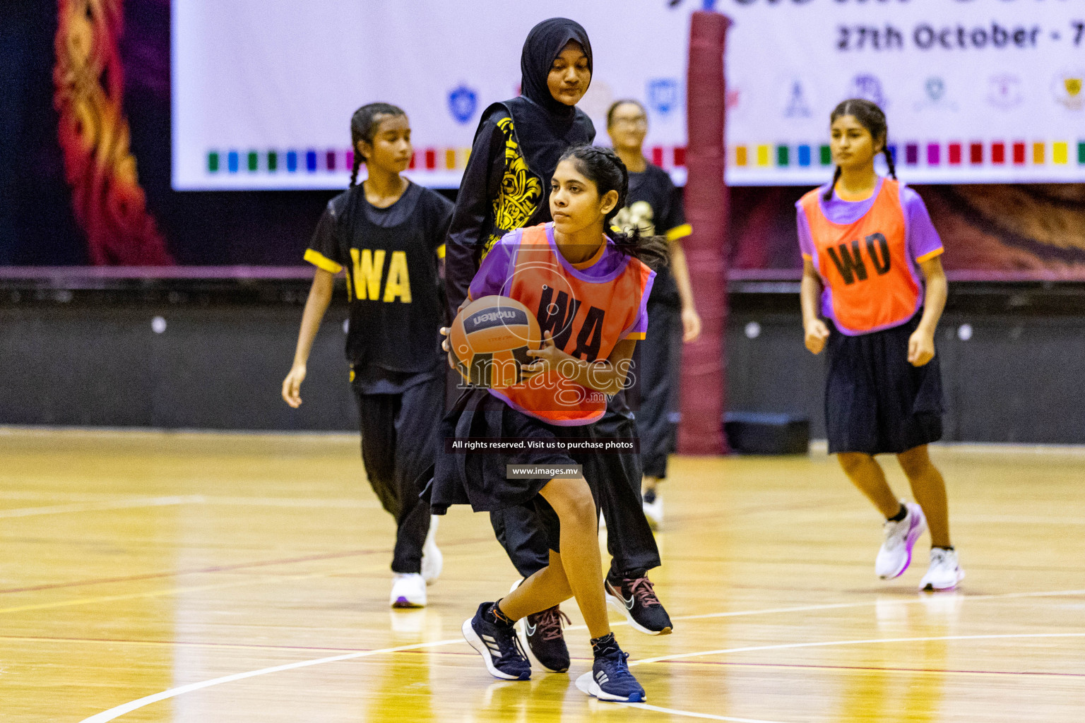 Day 9 of 24th Interschool Netball Tournament 2023 was held in Social Center, Male', Maldives on 4th November 2023. Photos: Hassan Simah / images.mv