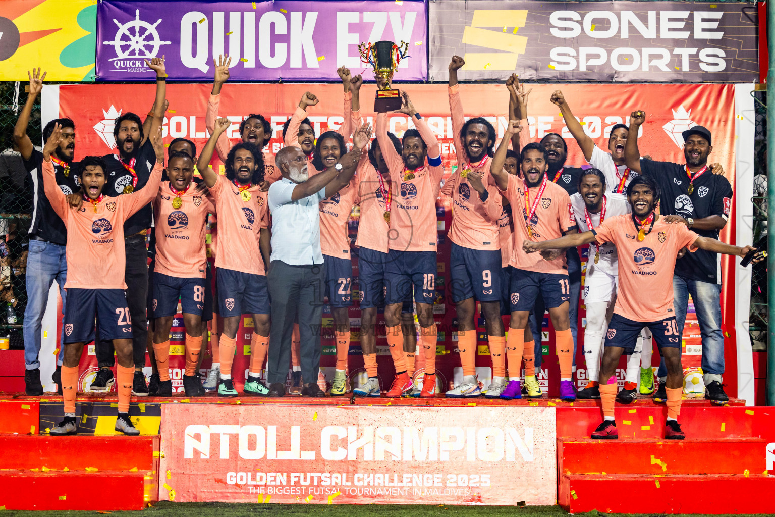 GDh Vaadhoo vs GDh Gadhdhoo in Gaafu Dhaal Atoll Final in Day 24 of Golden Futsal Challenge 2025 was held on Tuesday , 28th January 2025, in Hulhumale', Maldives. Photos: Nausham Waheed / images.mv