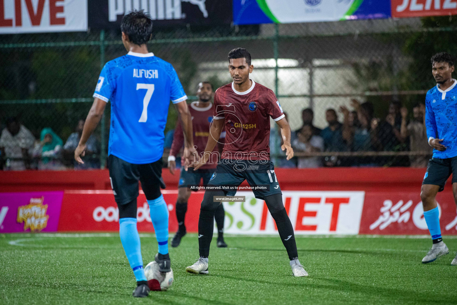 R. Alifushi vs R. Innamaadhoo in Day 7 of Golden Futsal Challenge 2023 on 11 February 2023 in Hulhumale, Male, Maldives