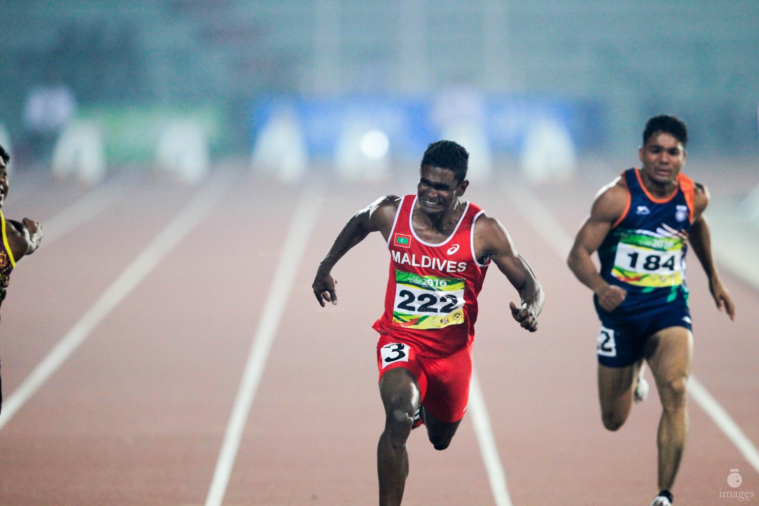 Hassan Said runs in the 100m finals in the South Asian Games in Guwahati, India, Tuesday, February. 09, 2016. Said won the silver medal in the event(Images.mv Photo/ Hussain Sinan).