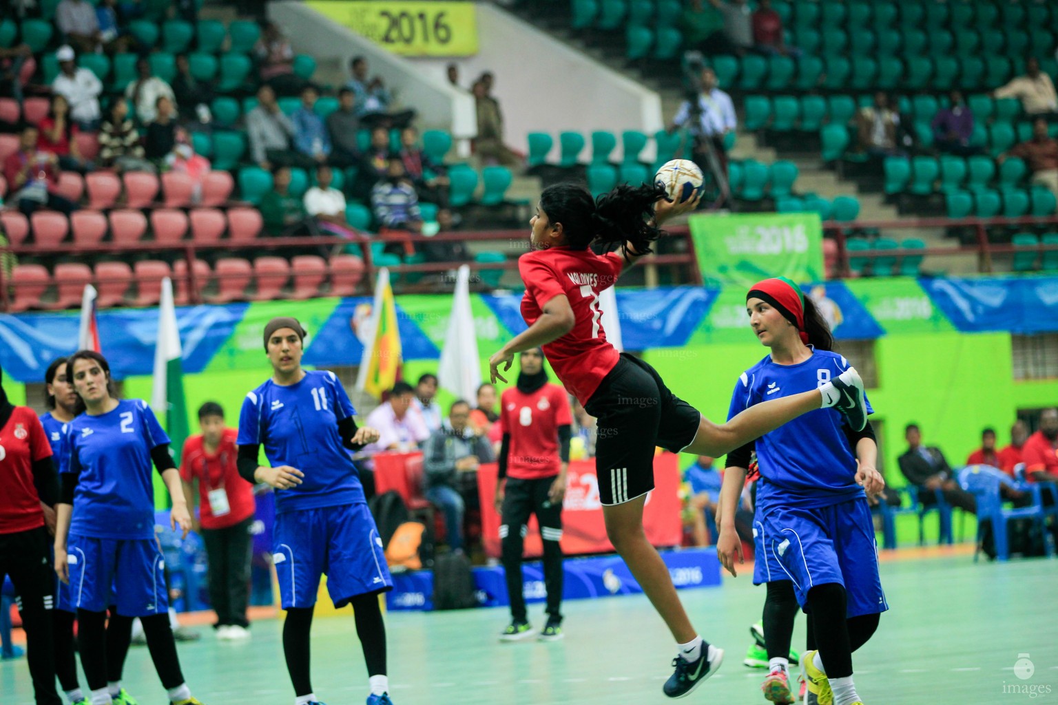 Maldives handball team played against Afghanistan in the group stage matches in the South Asian Games in Guwahati, India, Friday, February. 12, 2016. (Images.mv Photo/ Hussain Sinan).