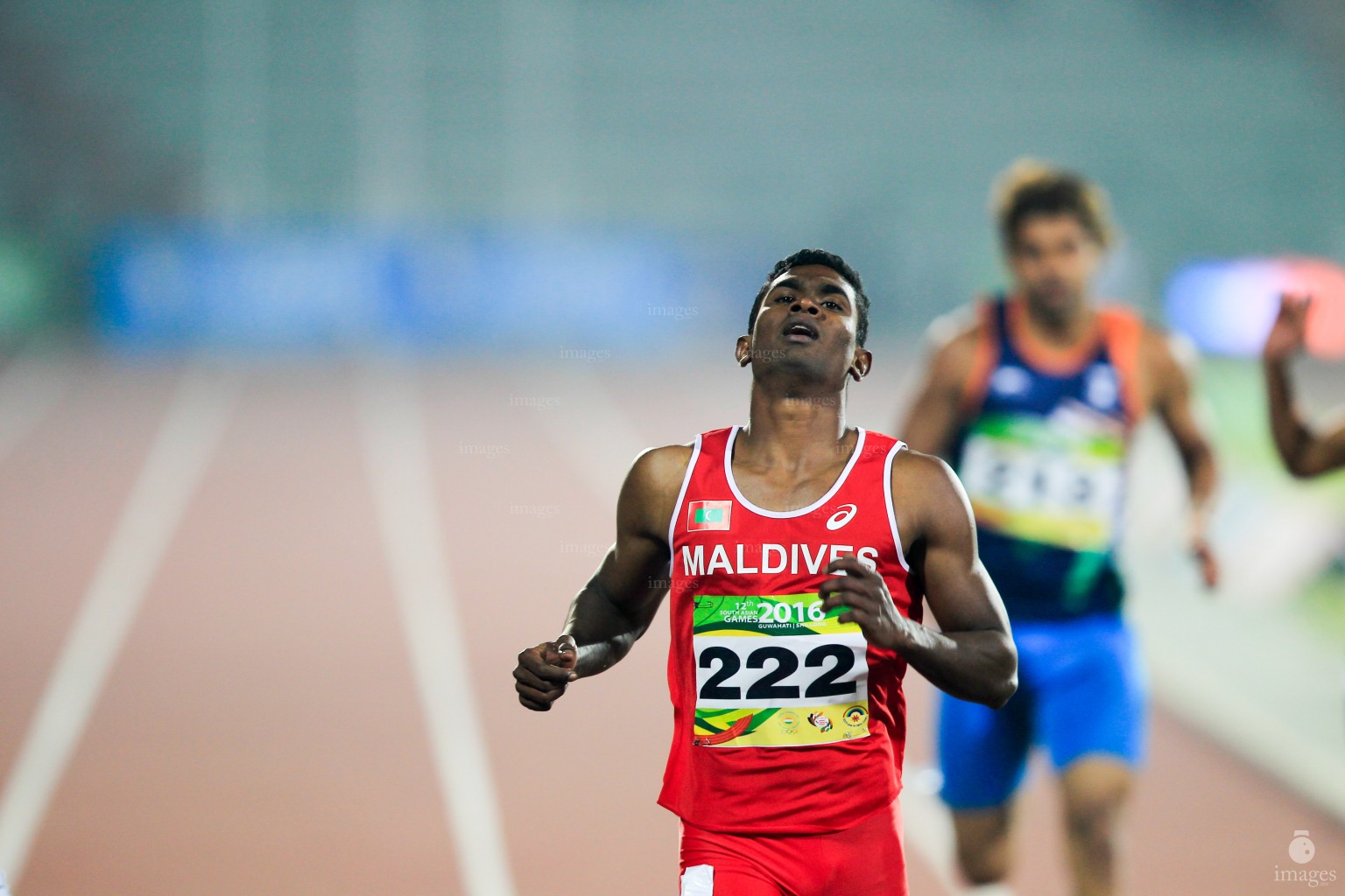 Hassan Saaid runs in the 200m finals in the South Asian Games in Guwahati, India, Thursday, February. 11, 2016. (Images.mv Photo/ Mohamed Ahsan).
