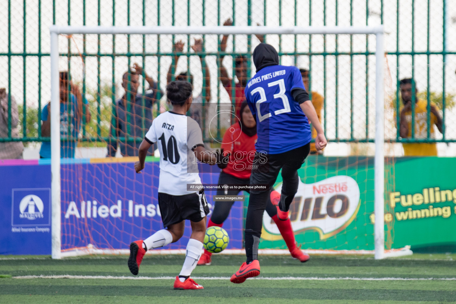 Maldives Ports Limited vs Dhivehi Sifainge Club in the semi finals of 18/30 Women's Futsal Fiesta 2019 on 27th April 2019, held in Hulhumale Photos: Hassan Simah / images.mv