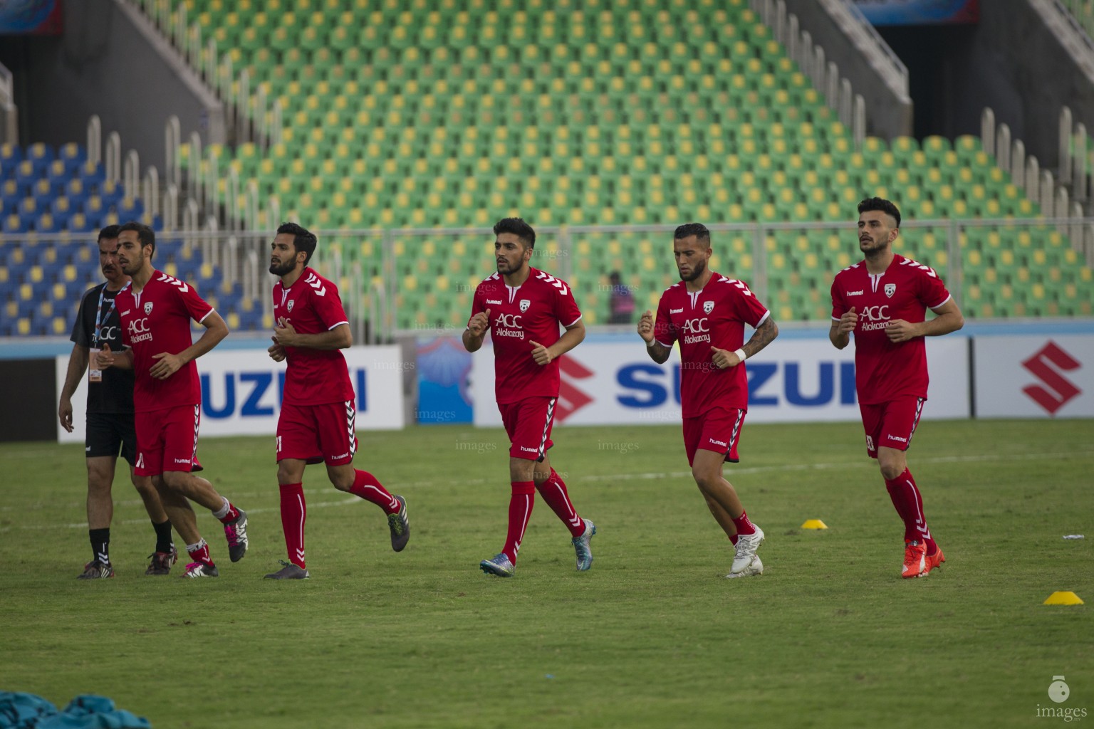 Players of Afghanistan  and Bangladesh warms up ahead of the SAFF Suzuki Cup match in Thiruvananthapuram, India, Wednesday, December 24, 2015. (Images.mv Photo: Mohamed Ahsan)
