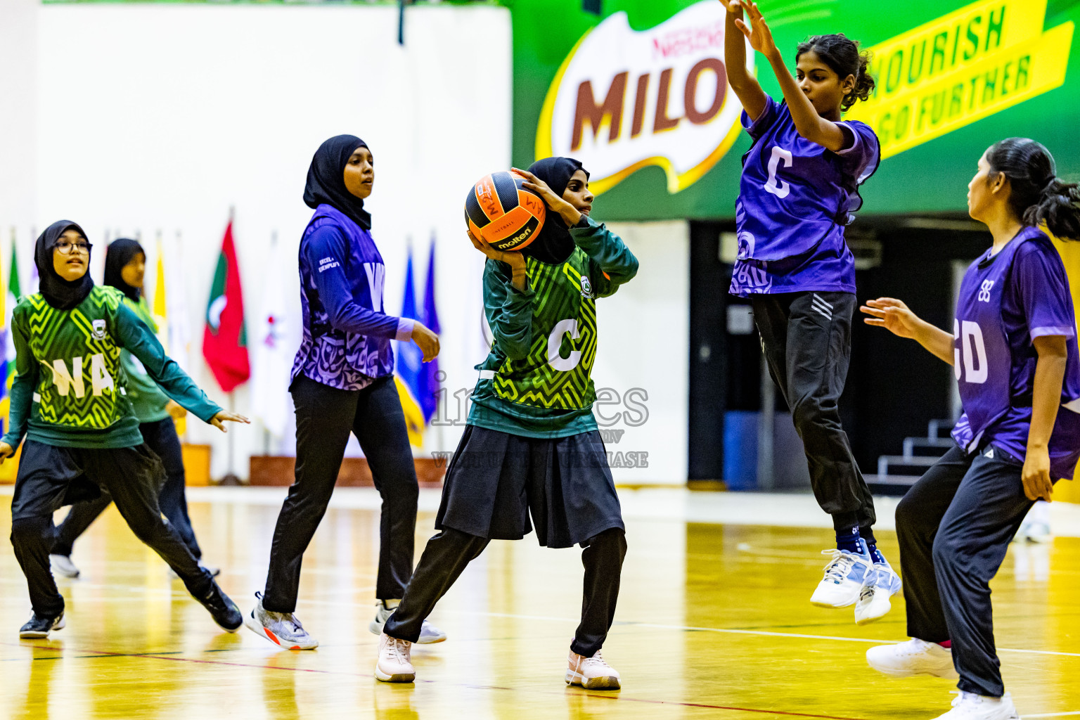 Day 3 of 25th Inter-School Netball Tournament was held in Social Center at Male', Maldives on Sunday, 11th August 2024. Photos: Nausham Waheed / images.mv