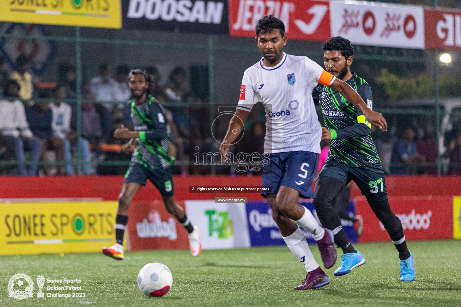 Sh. Feevah vs Sh. Lhaimagu in Day 4 of Golden Futsal Challenge 2023 on 08 February 2023 in Hulhumale, Male, Maldives