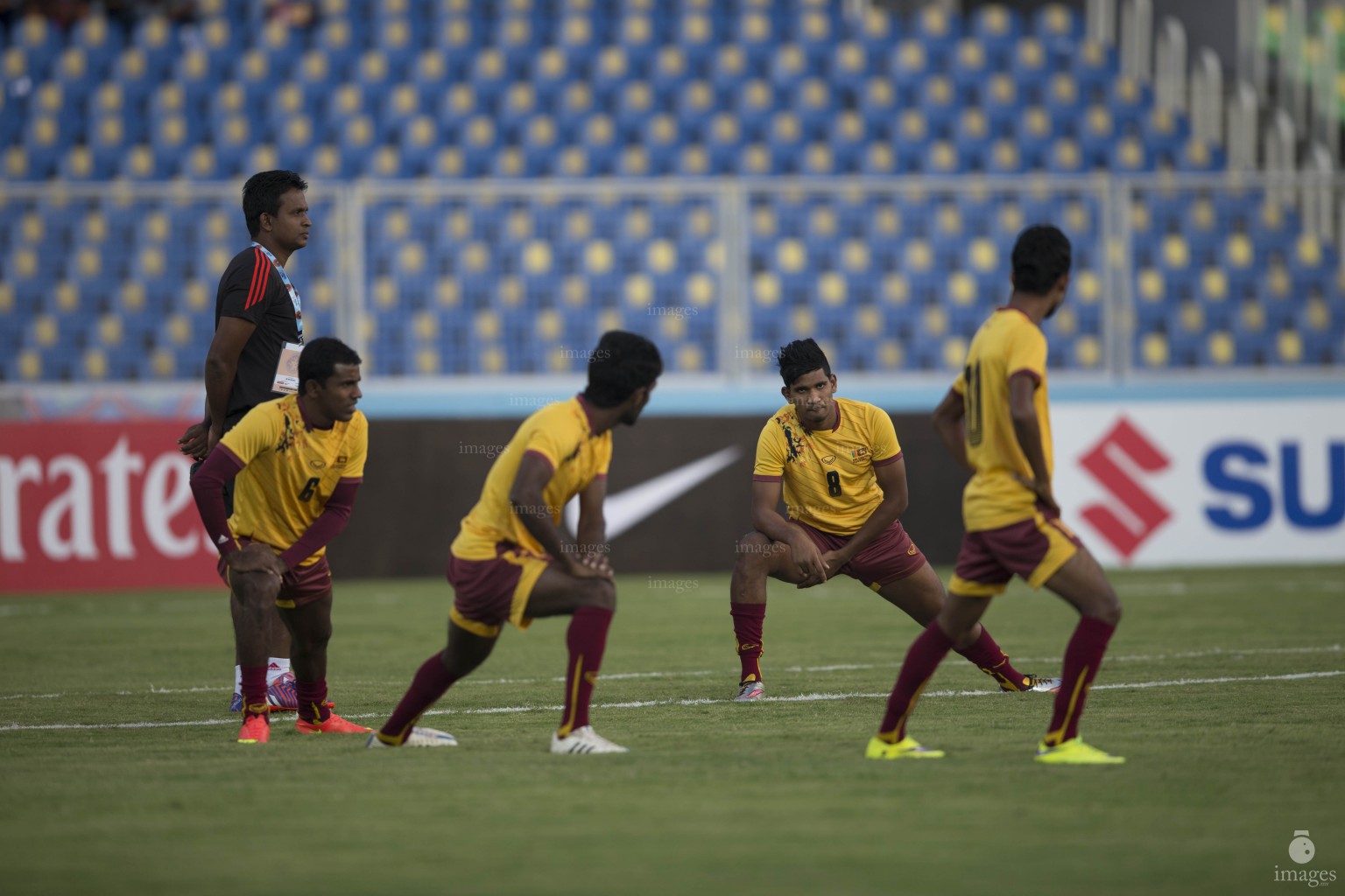 Players of India and Srilanka warms up ahead of the SAFF Suzuki Cup  match in Thiruvananthapuram, India, Friday, December 25, 2015. (Images.mv Photo: Mohamed Ahsan)