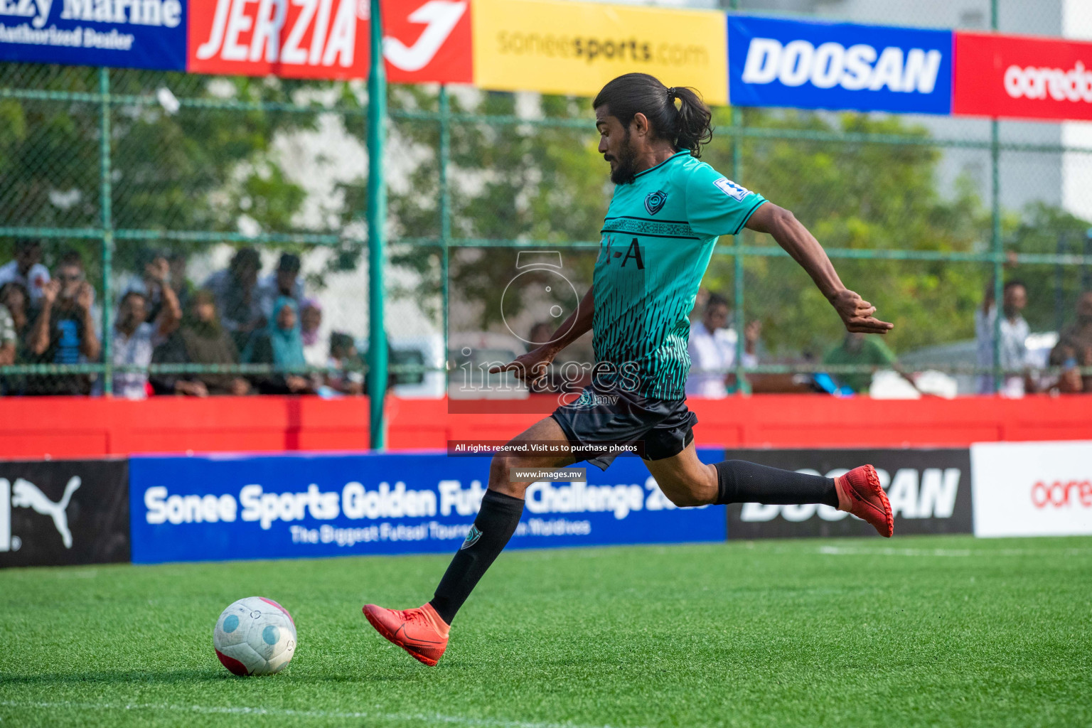 K. Dhiffushi vs K. Thulusdhoo in Day 6 of Golden Futsal Challenge 2023 on 10 February 2023 in Hulhumale, Male, Maldives