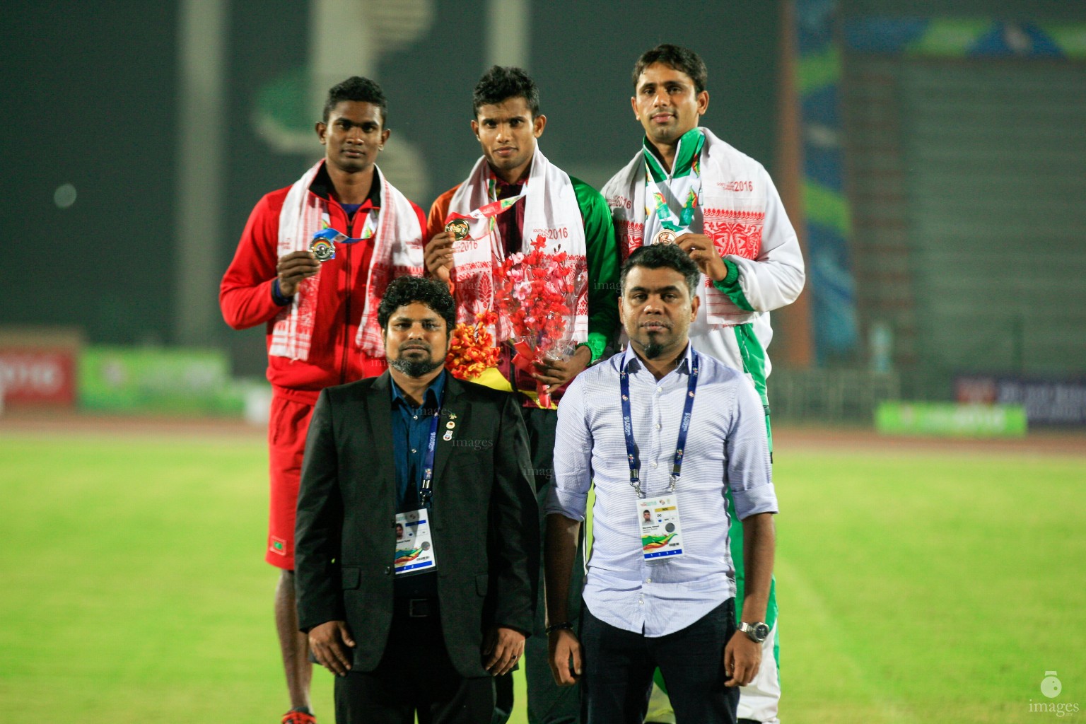 Hassan Said of Maldives wins the Silver medal in the 100m finals in the South Asian Games in Guwahati, India, Thursday, February. 11, 2016. (Images.mv Photo/ Hussain Sinan).