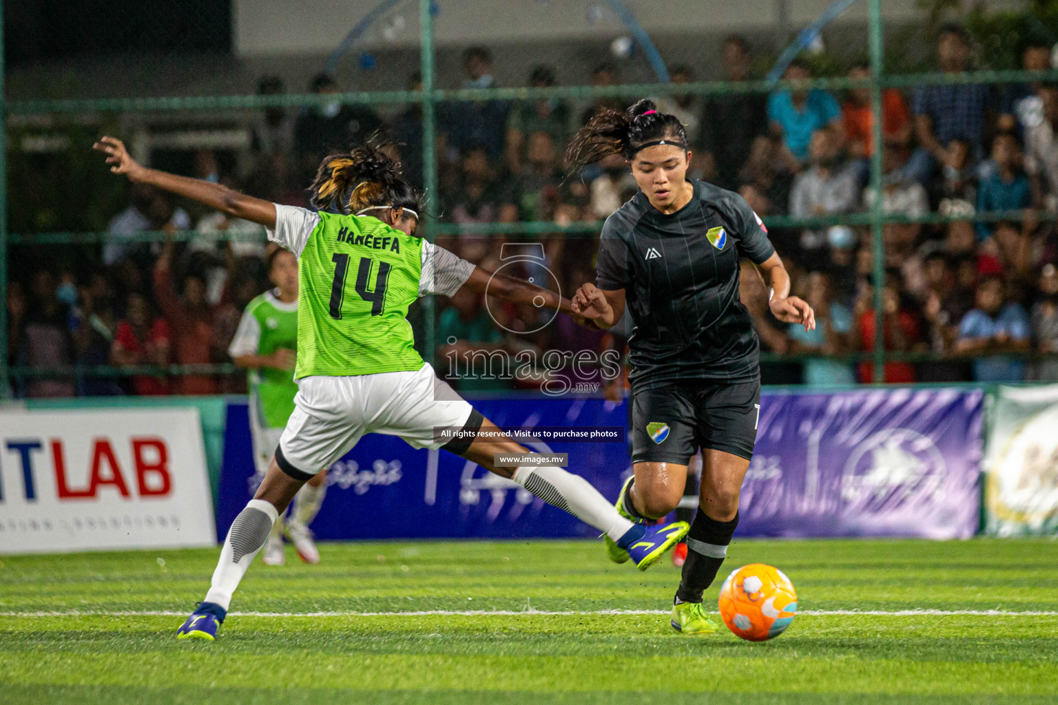 Club WAMCO vs DSC in the Semi Finals of 18/30 Women's Futsal Fiesta 2021 held in Hulhumale, Maldives on 14th December 2021. Photos: Shu Abdul Sattar / images.mv