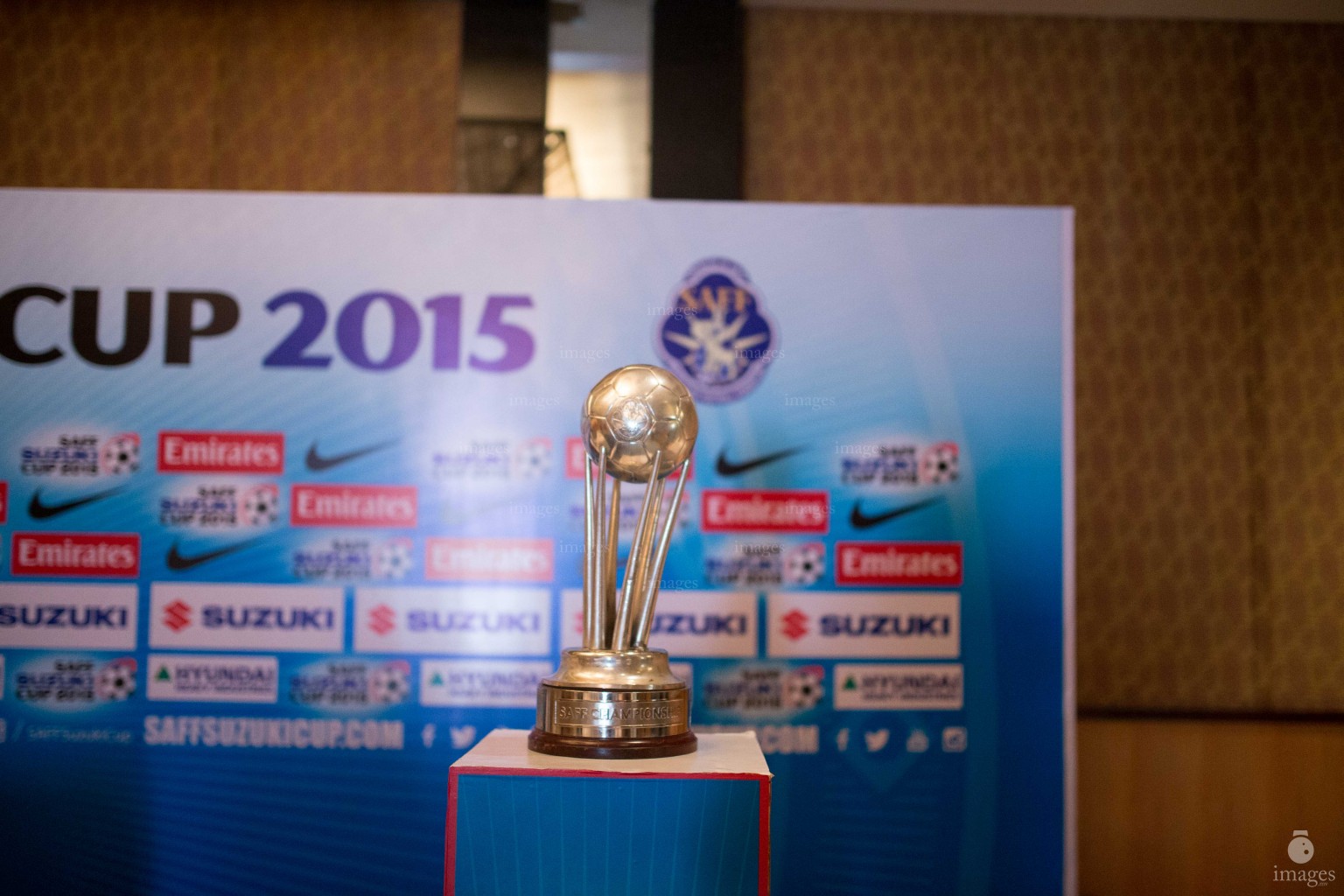 SAFF Suzuki Cup trophy is displayed ahead of the finals in Thiruvananthapuram, India, Thursday, January. 2, 2015.(Images.mv Photo/ Hussain Sinan).