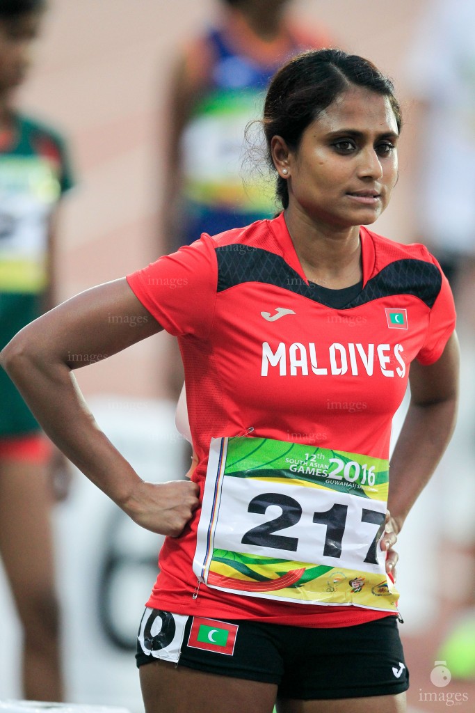 Sasha Ahmed runs in the 800m finals in the South Asian Games in Guwahati, India, Tuesday, February. 09, 2016. (Images.mv Photo/ Hussain Sinan).