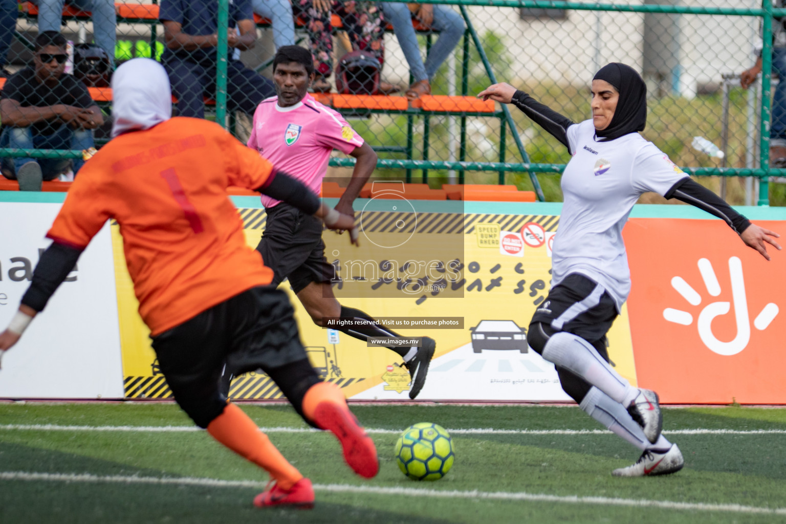 Maldives Ports Limited vs Dhivehi Sifainge Club in the semi finals of 18/30 Women's Futsal Fiesta 2019 on 27th April 2019, held in Hulhumale Photos: Hassan Simah / images.mv